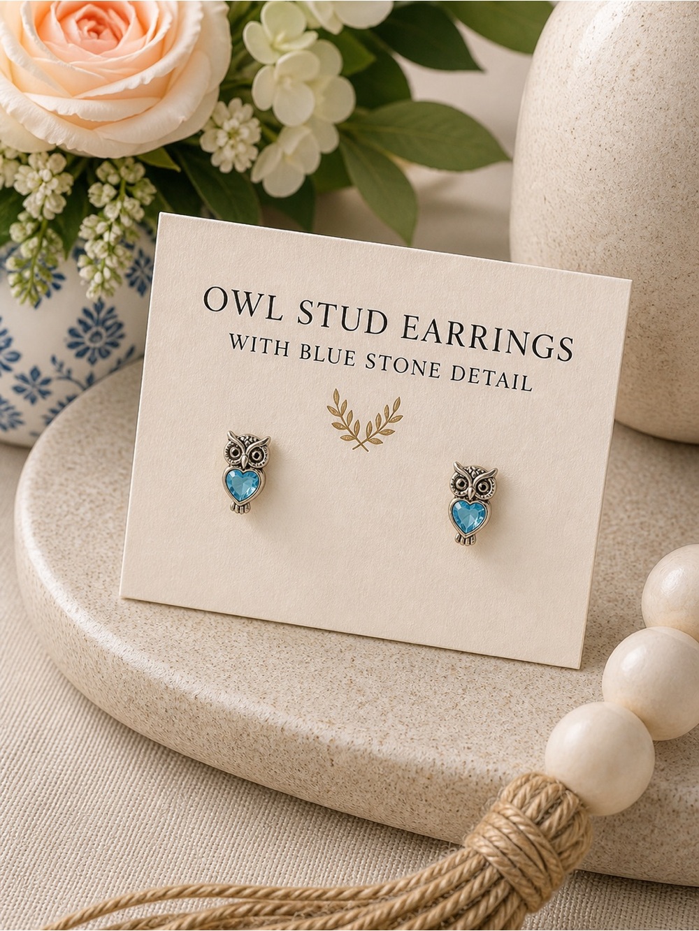 Owl Stud Earrings With Blue Stone Detail